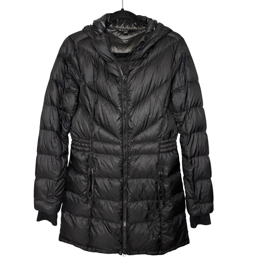 Athleta Womens Black Down Parka Hooded Puffer Jacket Goose Down Small